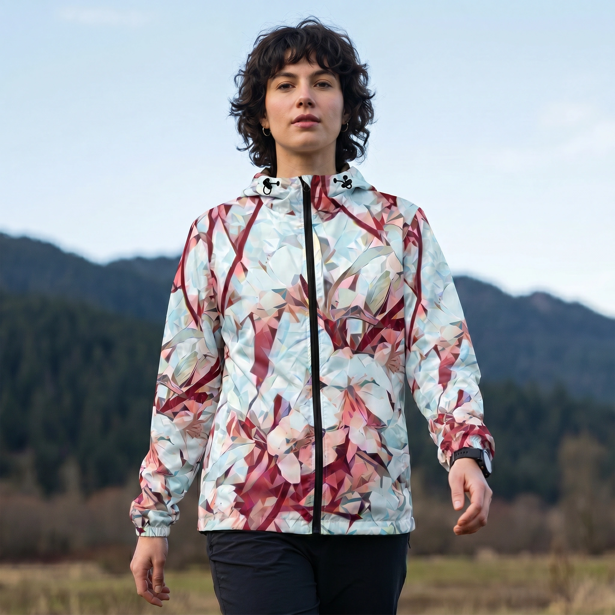 A woman wearing a lightweight hooded jacket with a red, pink, and white abstract floral pattern, standing outdoors in front of a blurred mountain landscape.