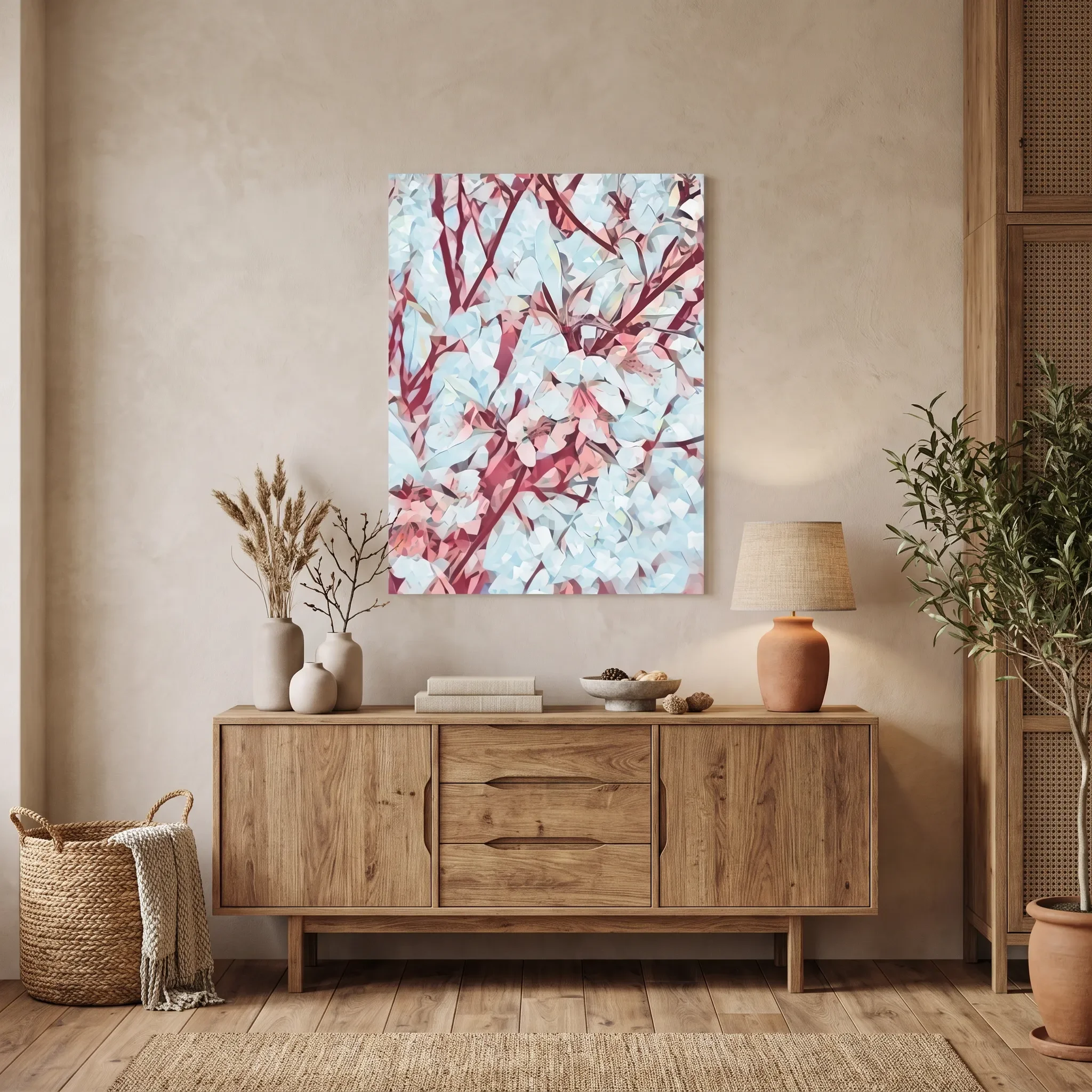 A vertical abstract canvas print featuring red and white brushstrokes resembling tree branches and leaves, displayed on a beige wall above a wooden sideboard in a styled room setting.