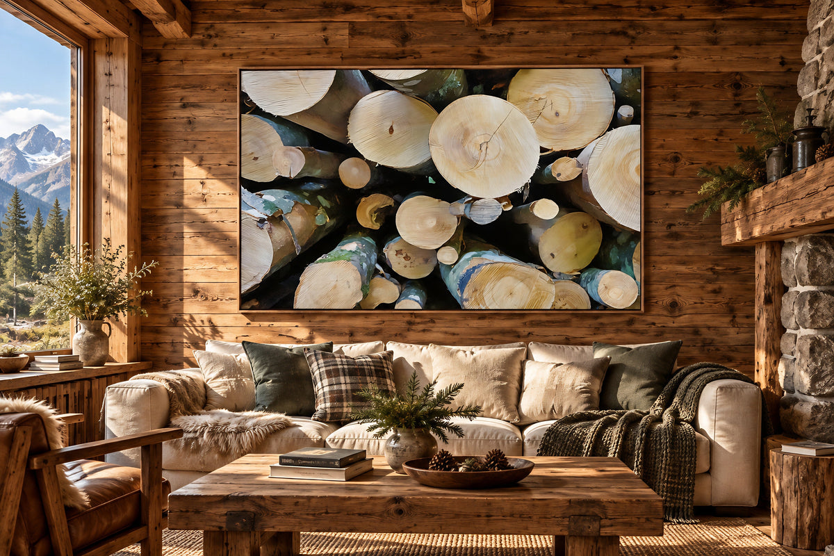 Framed canvas of tree trunks placed on the wooden wall in a cozy room with a sofa and a window to mountains