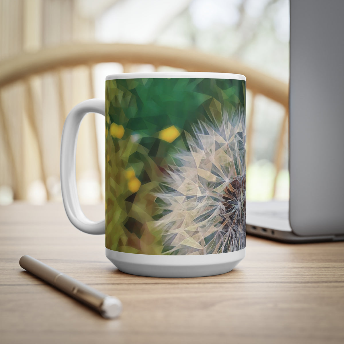 Ceramic White Cup 15oz - Poly Art - Flower of Dandelion (Variant 2)