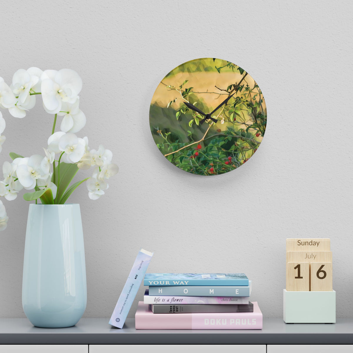 Acrylic Wall Clock - Poly Art - Rosehip plant