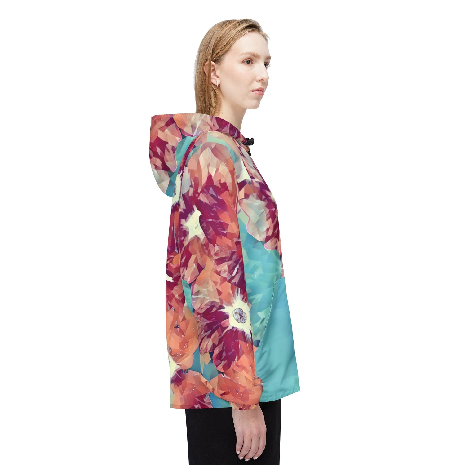 Windbreaker Jacket - Poly Art - Flower, Petals in Light Blue and Red