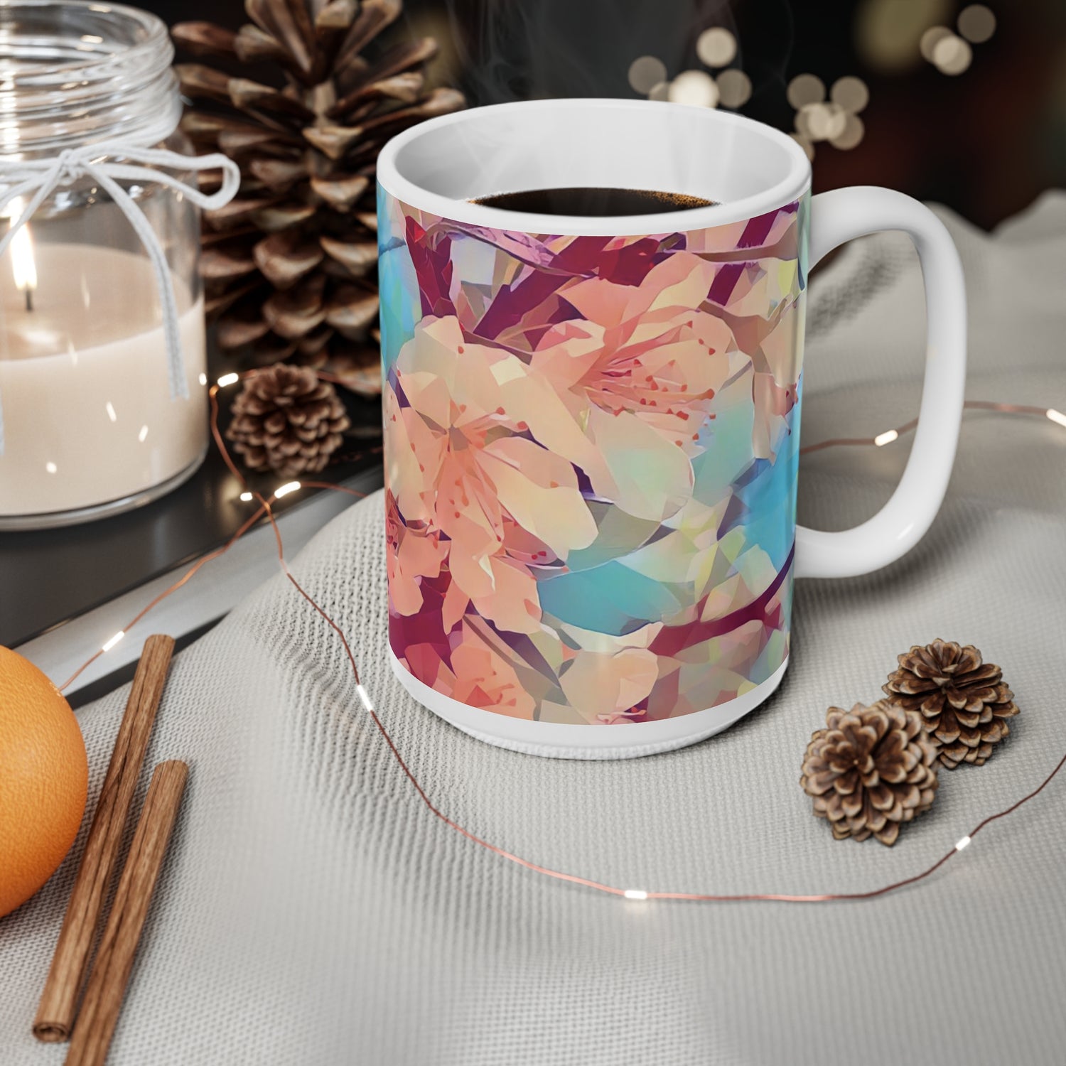 Ceramic White Cup 15oz - Poly Art - Apples' Tree Flower (Variant 3)
