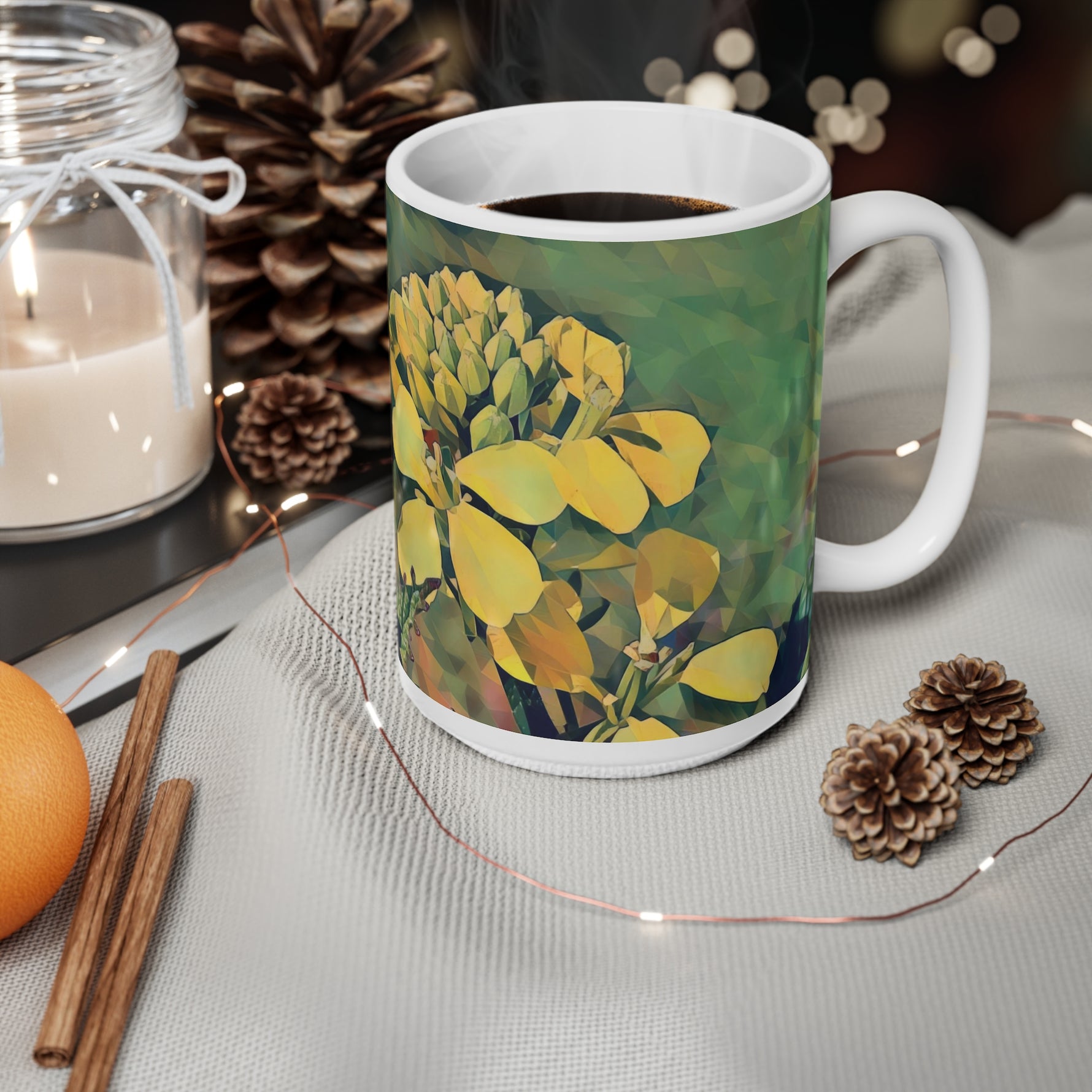 Ceramic White Cup 15oz - Poly Art - Flower, Yellow