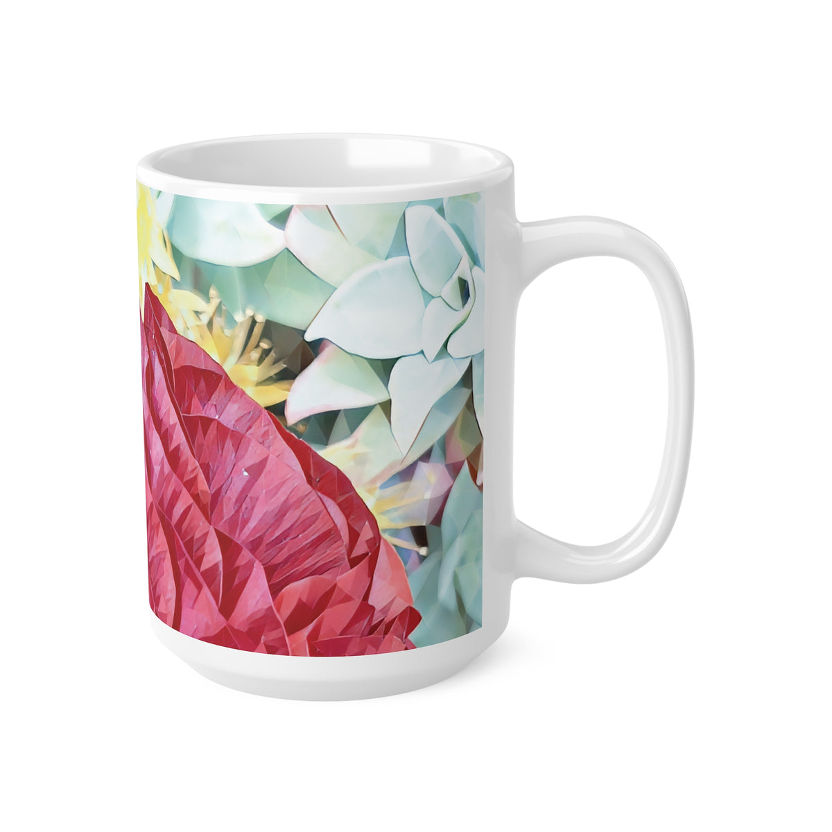 Ceramic White Cup 15oz - Poly Art - Flower of Dahlia in Red (Variant 2)
