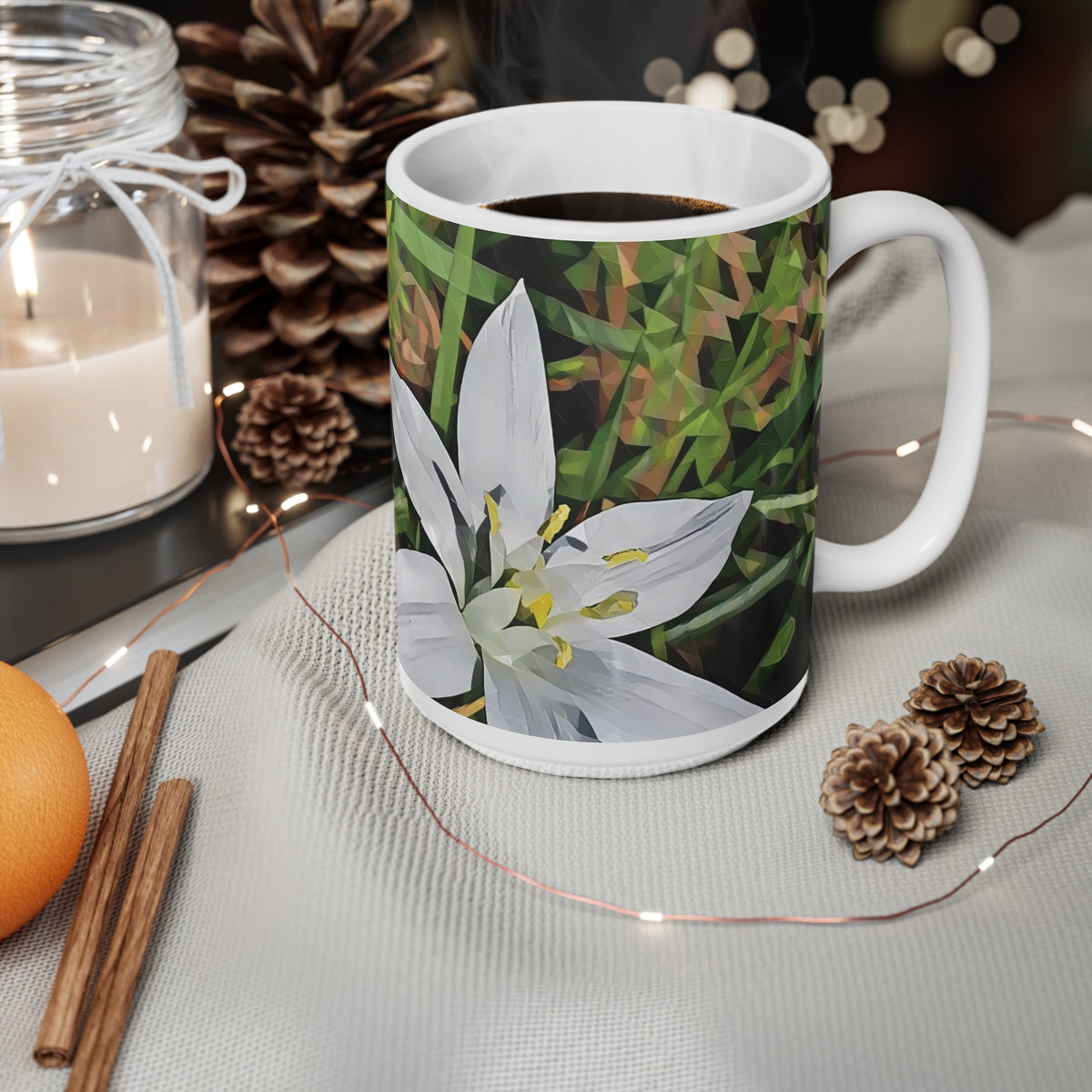 Ceramic White Cup 15oz - Poly Art - Flower of Ornithogalum (Variant 1)