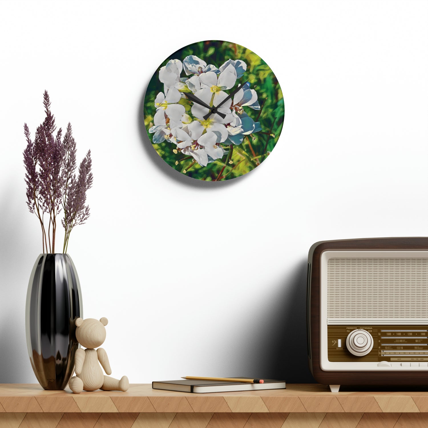 Acrylic Wall Clock - Poly Art - Flower, White
