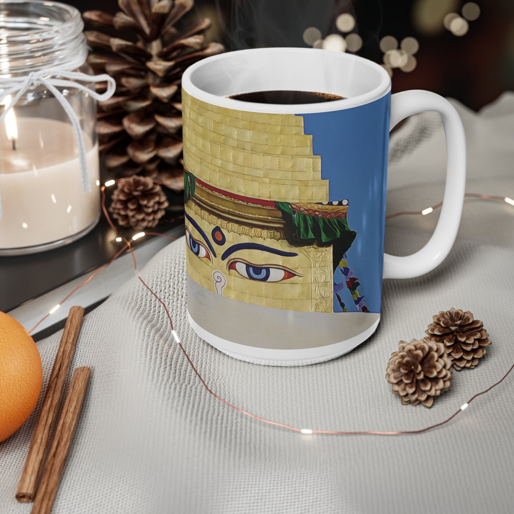 Ceramic White Cup 15oz - Nepal, Stupa with Buddha's Eyes (Variant 2)