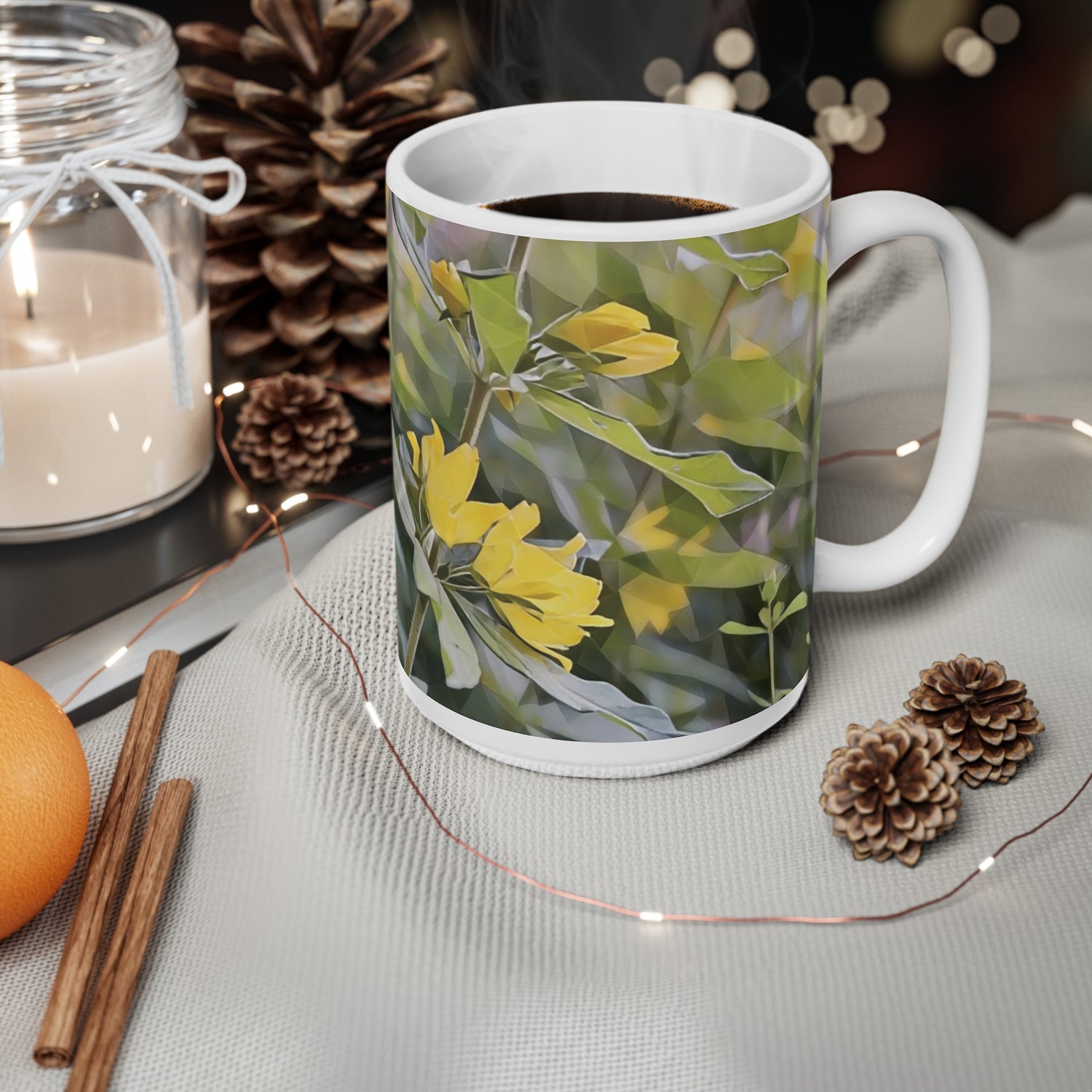 Ceramic White Cup 15oz - Poly Art - Flower of Lysimachia (Variant 1)