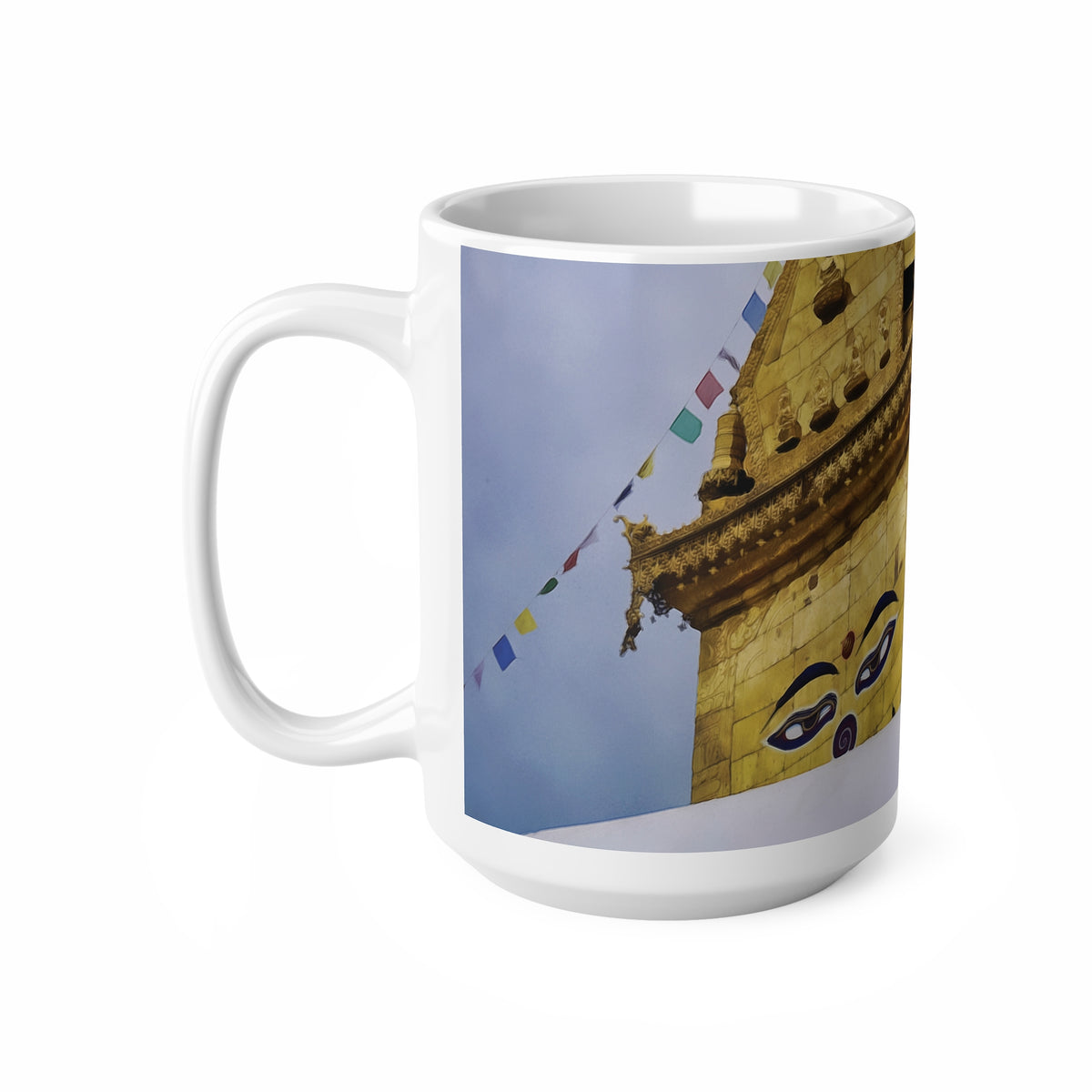 Ceramic White Cup 15oz - Nepal, Stupa with Buddha's Eyes (Variant 1)