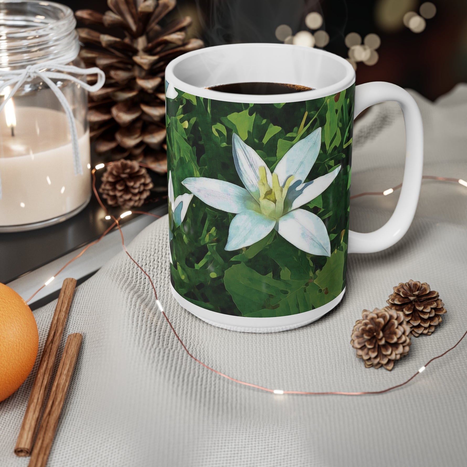 Ceramic White Cup 15oz - Flower of Ornithogalum