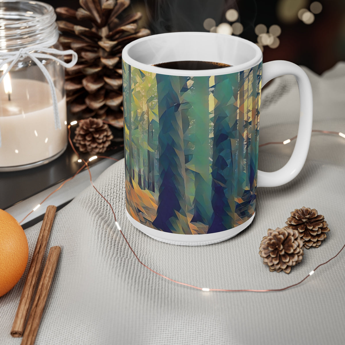 Ceramic White Cup 15oz - Poly Art - Forest, a Path (Variant 2)