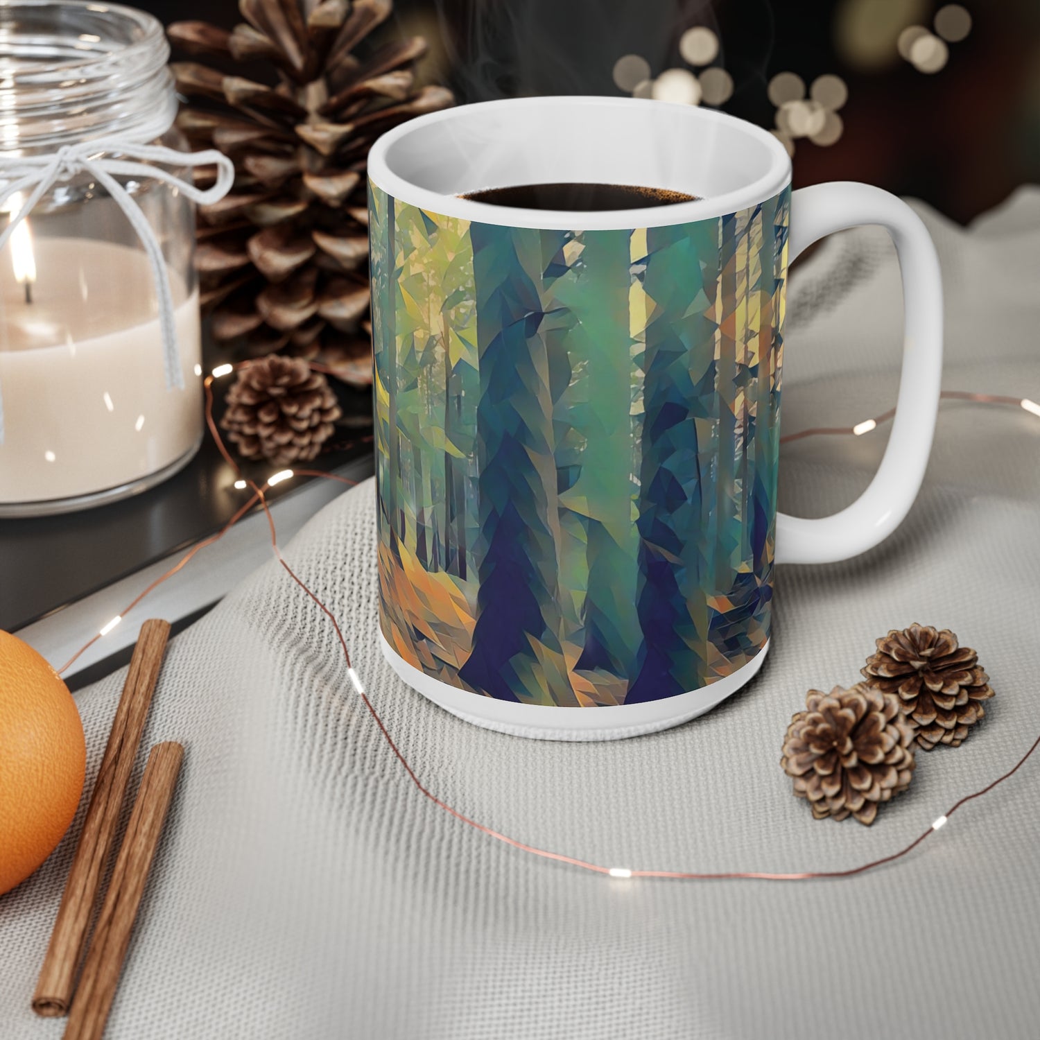 Ceramic White Cup 15oz - Poly Art - Forest, a Path (Variant 2)