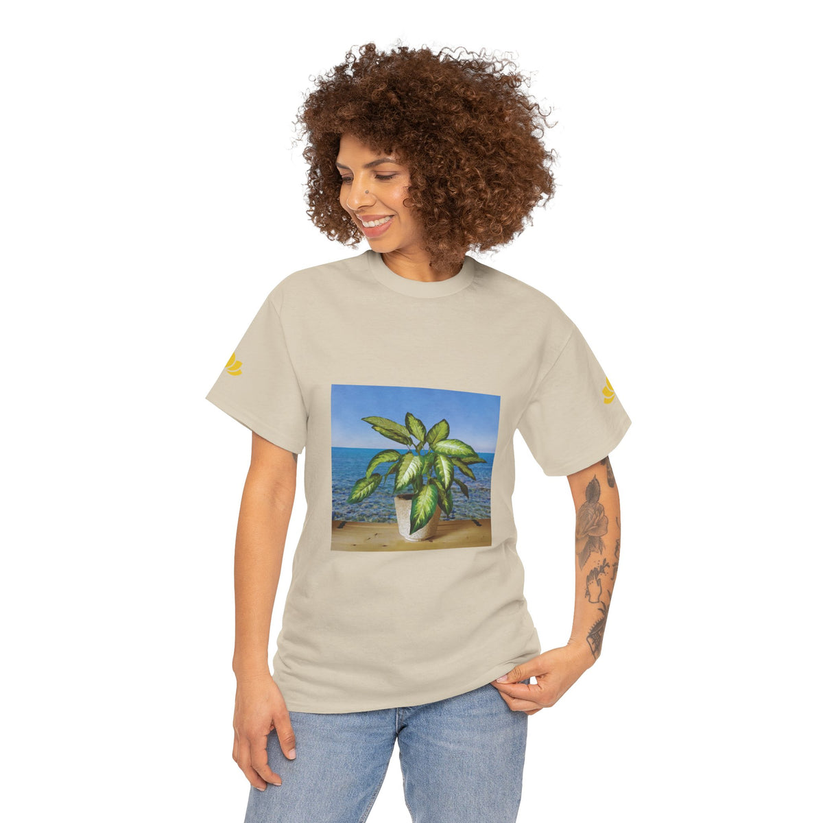 Unisex Heavy Cotton Tee - Dieffenbachia Plant and Sea landscape