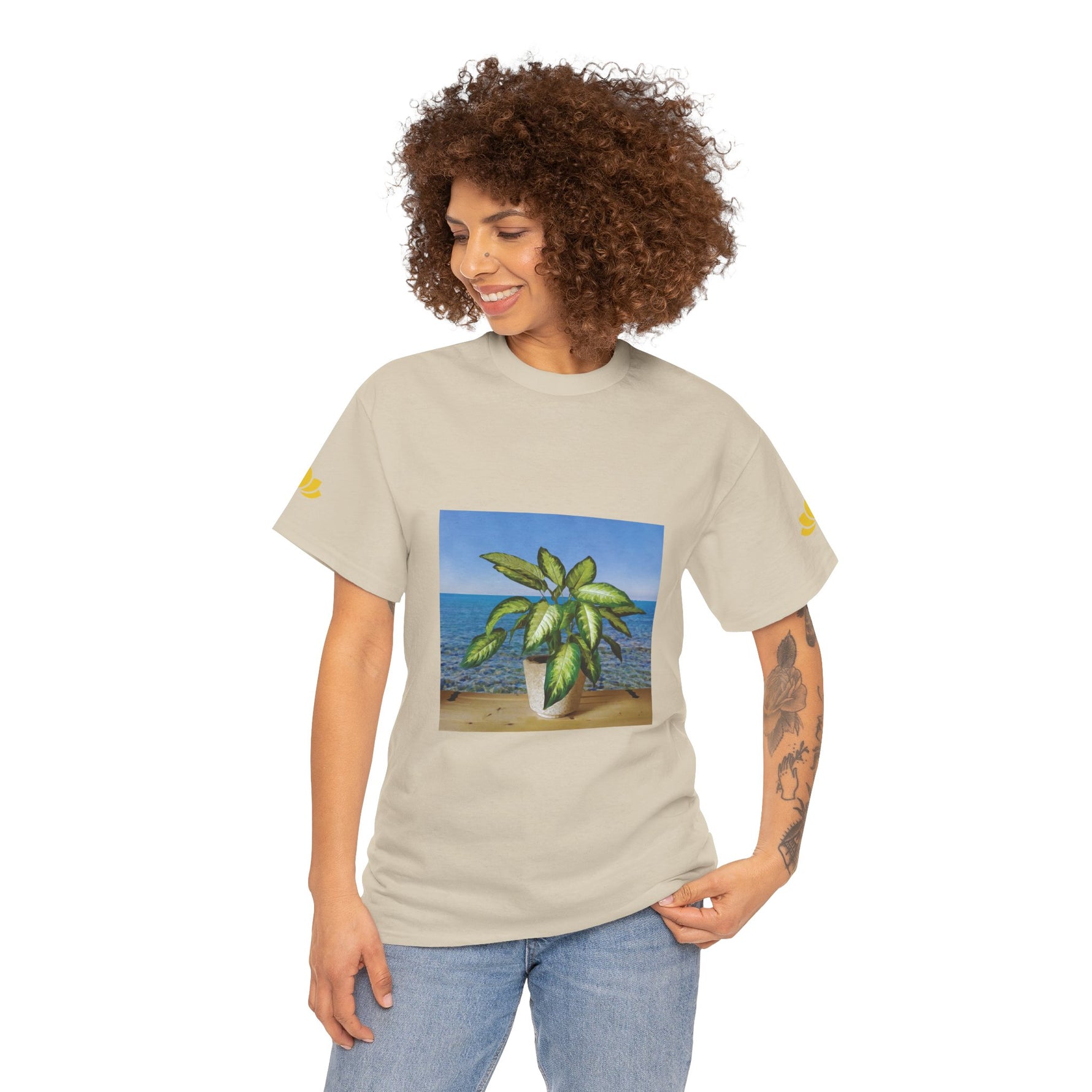 Unisex Heavy Cotton Tee - Dieffenbachia Plant and Sea landscape