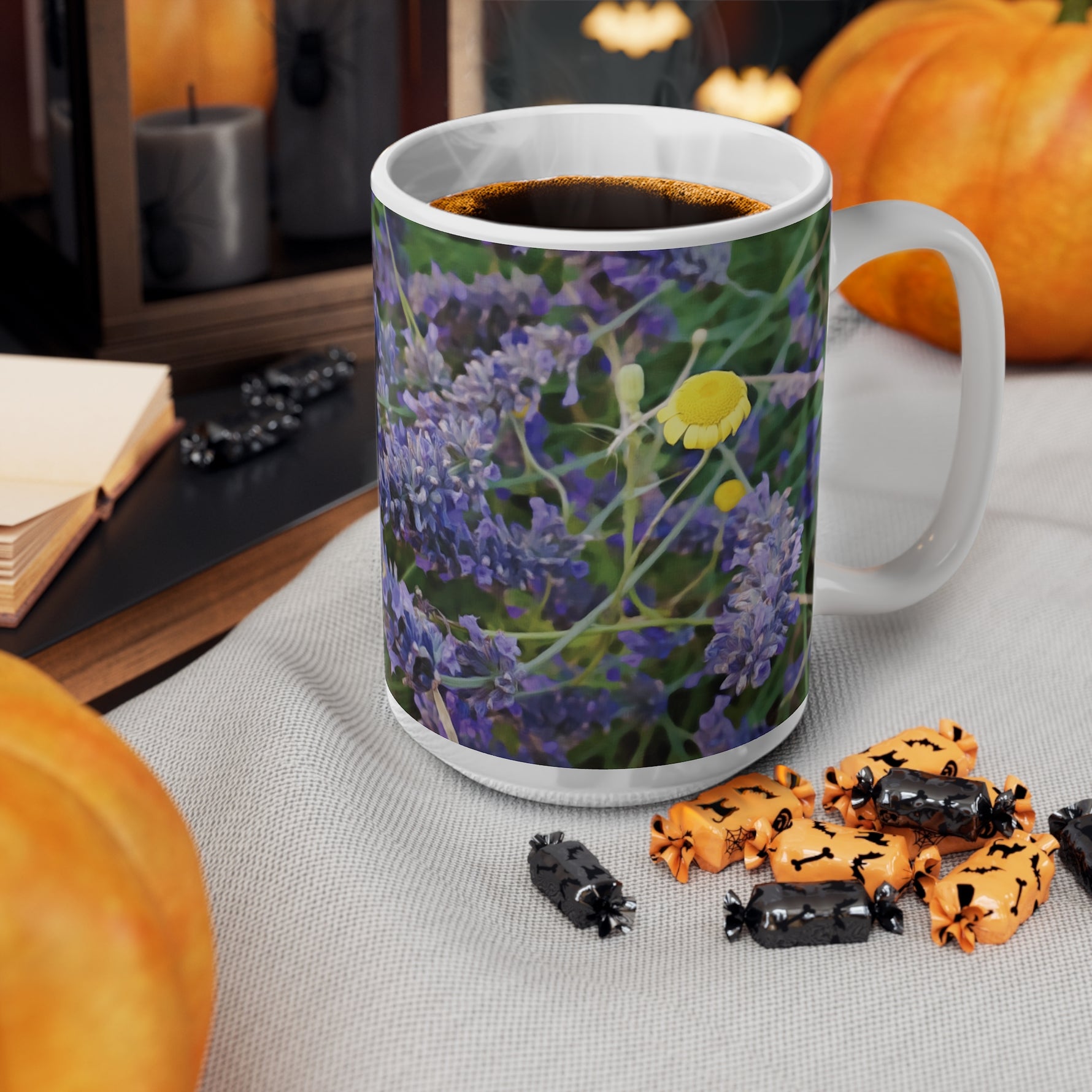 Ceramic White Cup 15oz - Flower of Lavender and Chamomile