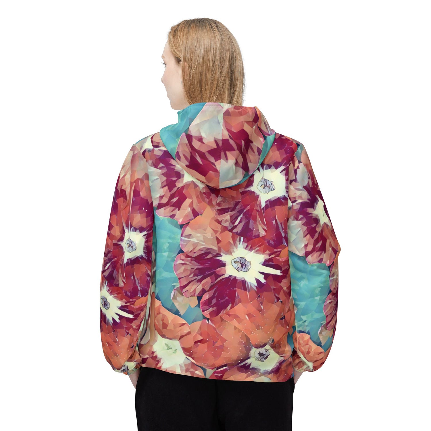 Windbreaker Jacket - Poly Art - Flower, Petals in Light Blue and Red