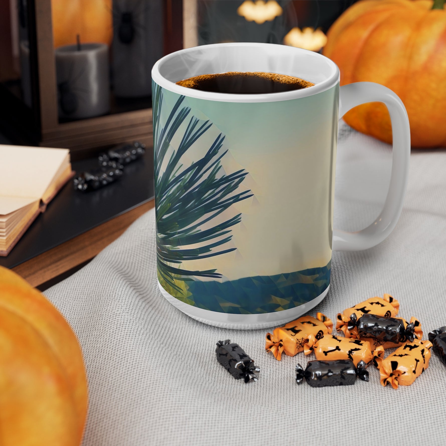 Ceramic White Cup 15oz - Poly Art - Fir Pinecone