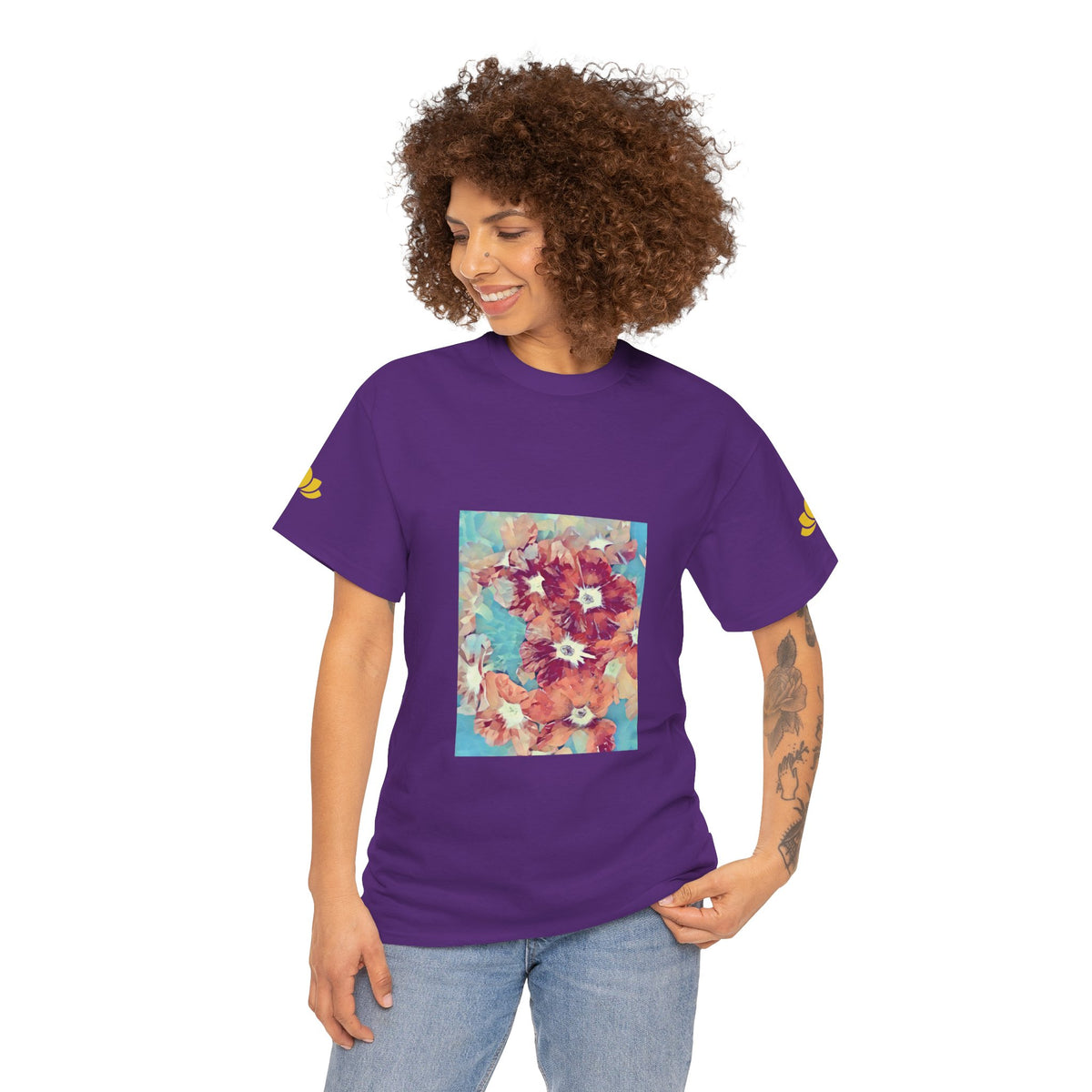 Unisex Heavy Cotton Tee - Poly Art - Flower of in sky blue and red