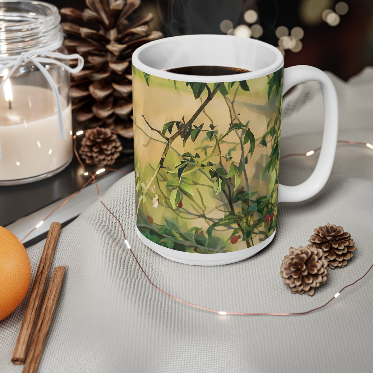 Ceramic White Cup 15oz - Poly Art - Rosehip plant (Variant 1)