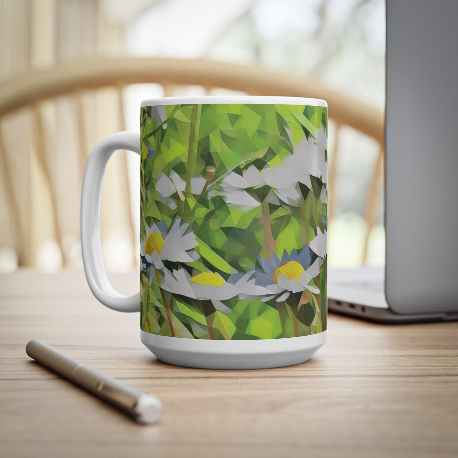 Ceramic White Cup 15oz - Poly Art - Flower of Daisies (Variant 1)