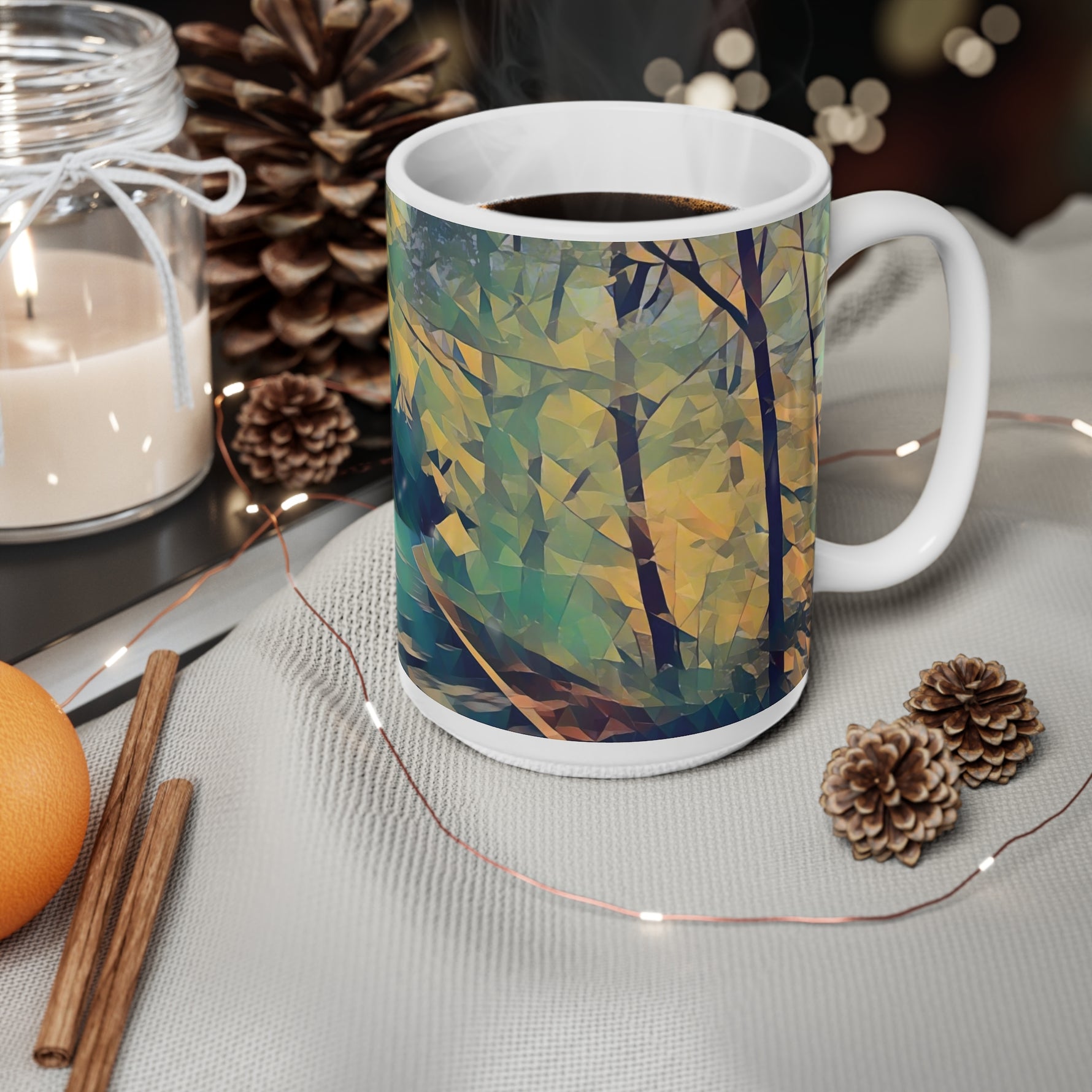 Ceramic White Cup 15oz - Poly Art - Forest (Variant 01)