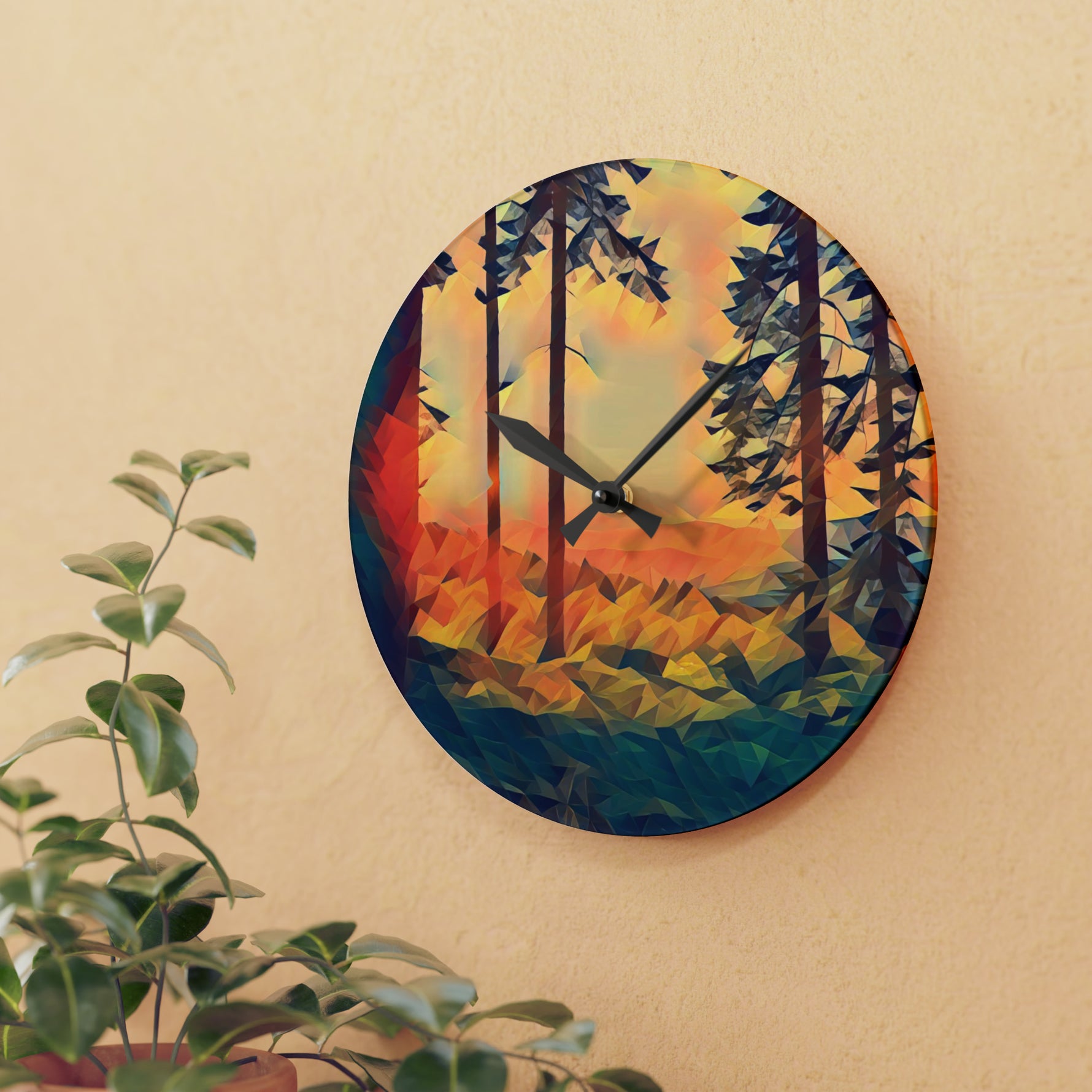 Acrylic Wall Clock - Poly Art - Forest Sunset (Variant 4)