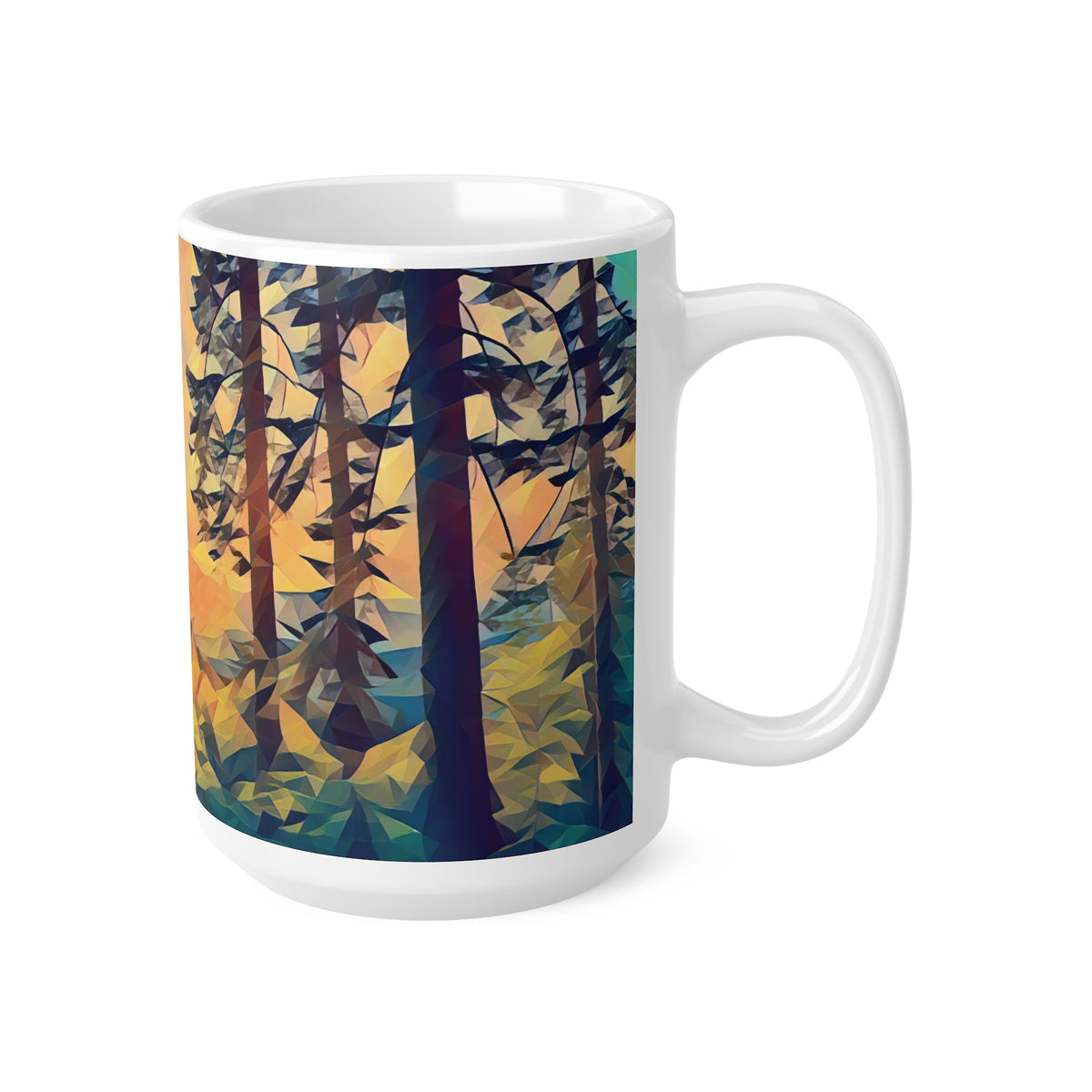 Ceramic White Cup 15oz - Poly Art - Forest Sunset (Variant 2)