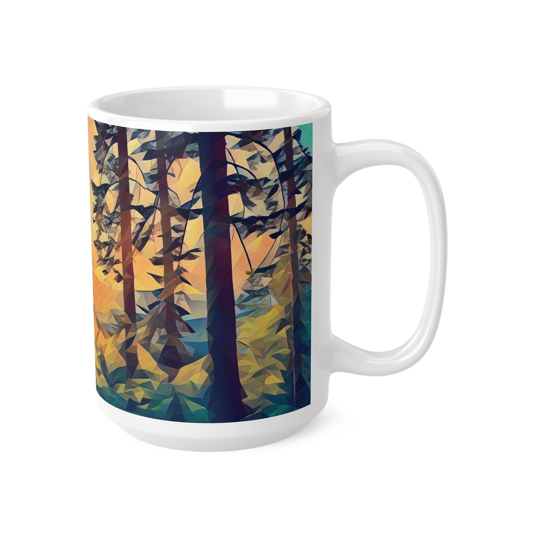Ceramic White Cup 15oz - Poly Art - Forest Sunset (Variant 2)