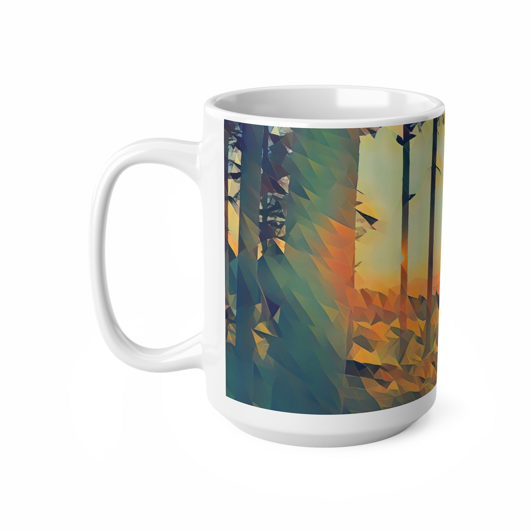 Ceramic White Cup 15oz - Poly Art - Forest Sunset (Variant 1)