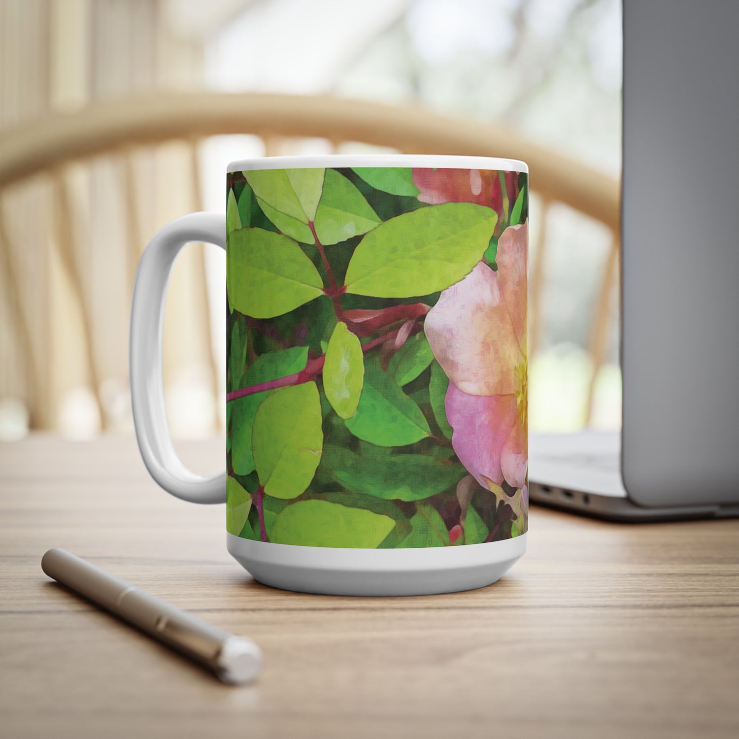 Ceramic White Cup 15oz - Flower of Rose