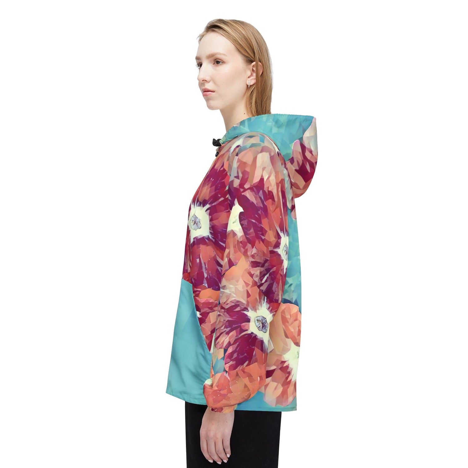 Windbreaker Jacket - Poly Art - Flower, Petals in Light Blue and Red