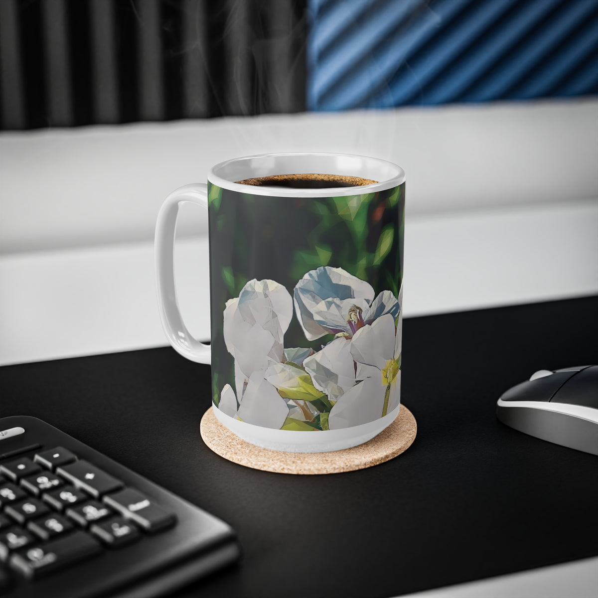 Ceramic White Cup 15oz - Poly Art - Flower, White
