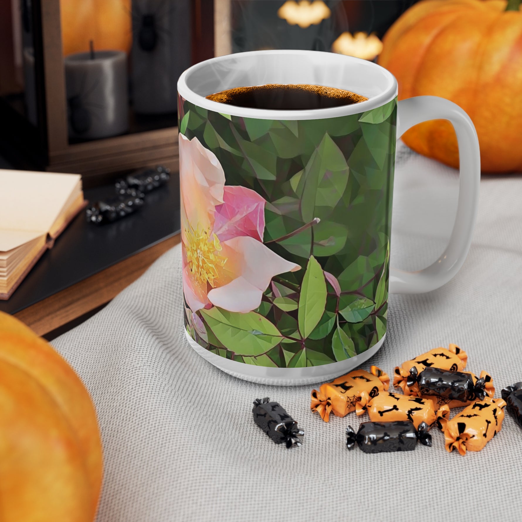 Ceramic White Cup 15oz - Poly Art - Flower of Rose (Variant 1)