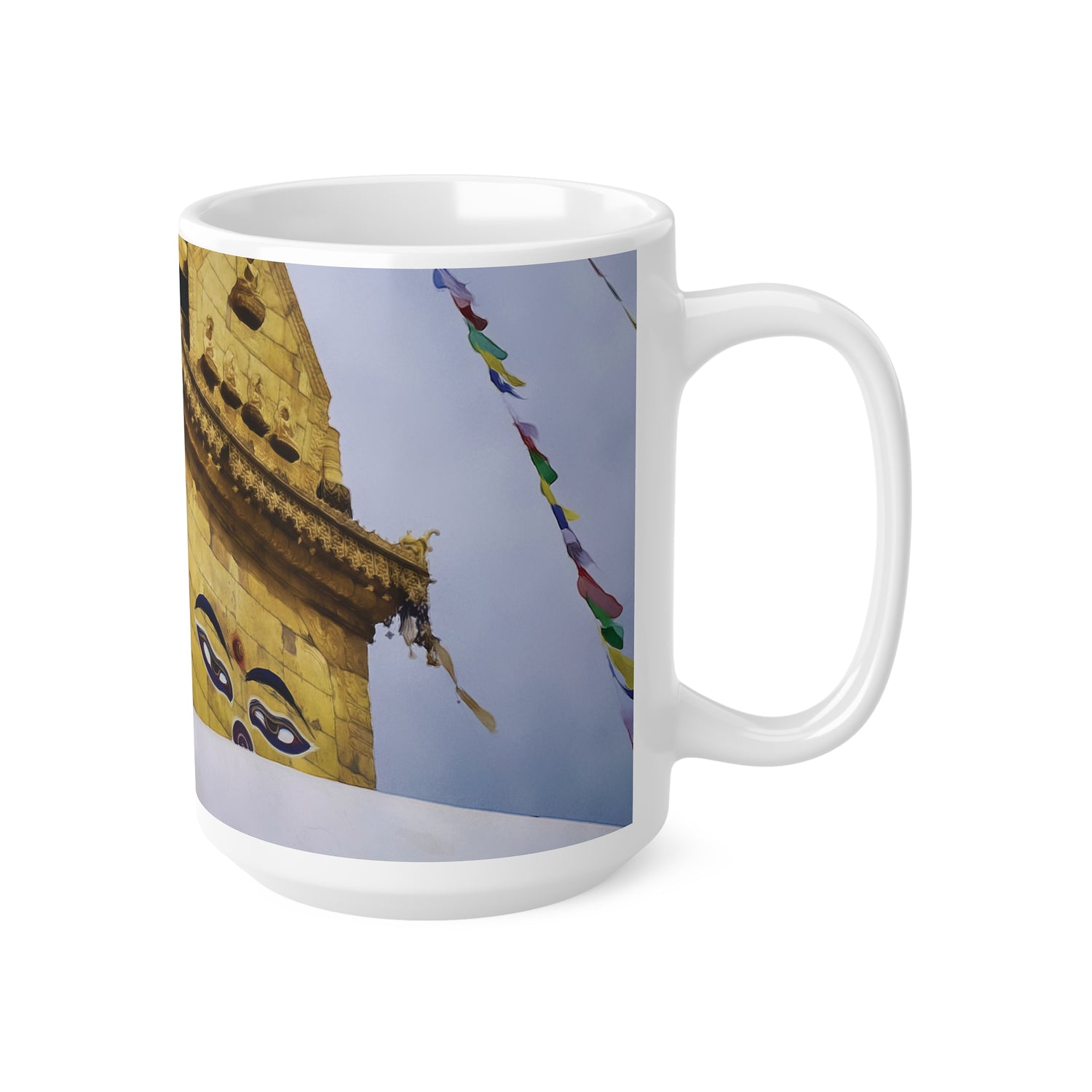 Ceramic White Cup 15oz - Nepal, Stupa with Buddha's Eyes (Variant 1)