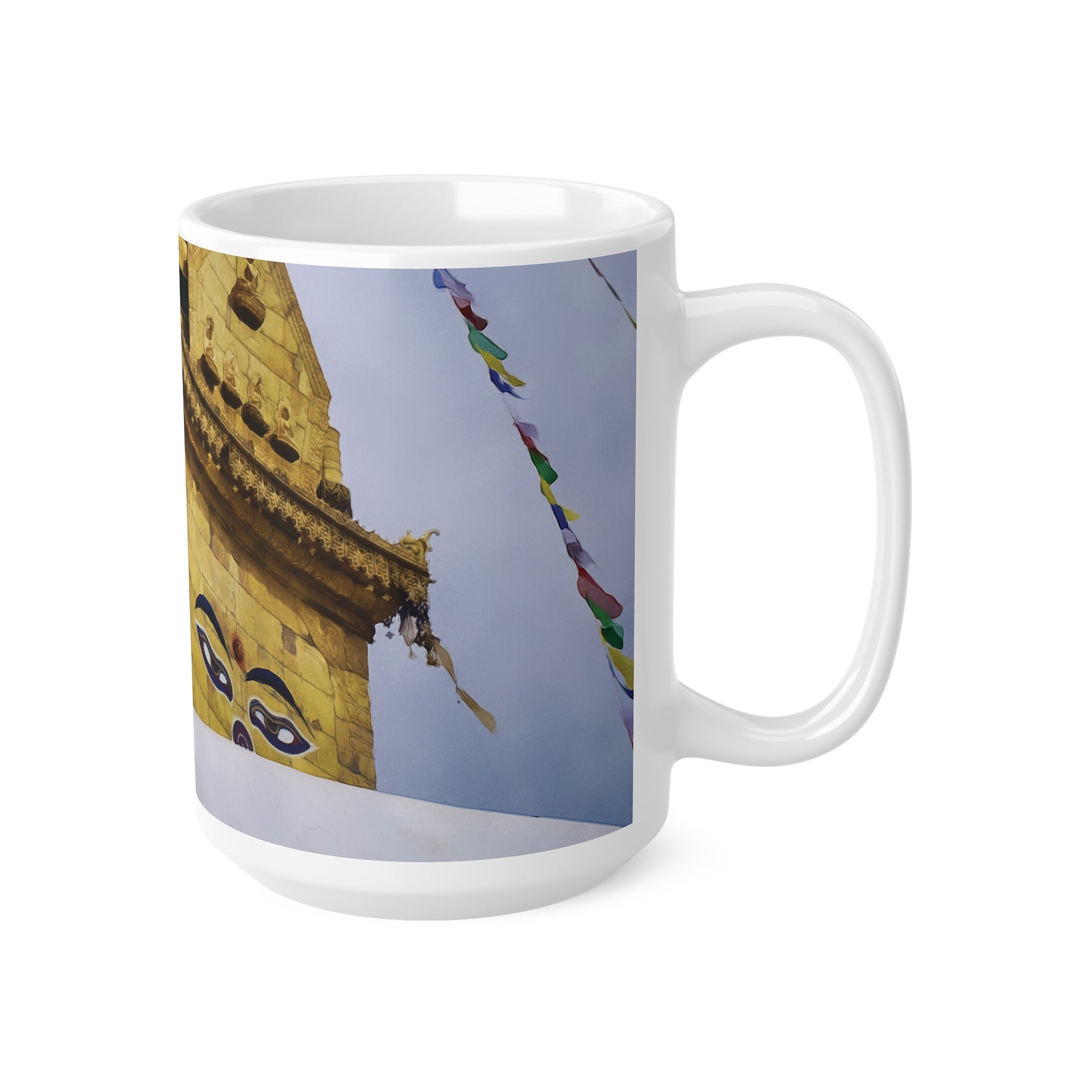 Ceramic White Cup 15oz - Nepal, Stupa with Buddha's Eyes (Variant 1)
