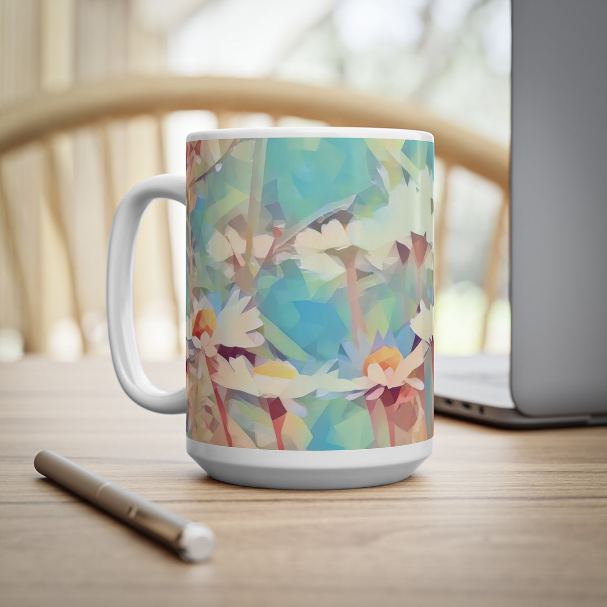 Ceramic White Cup 15oz - Poly Art - Flower of Daisies (Variant 3)