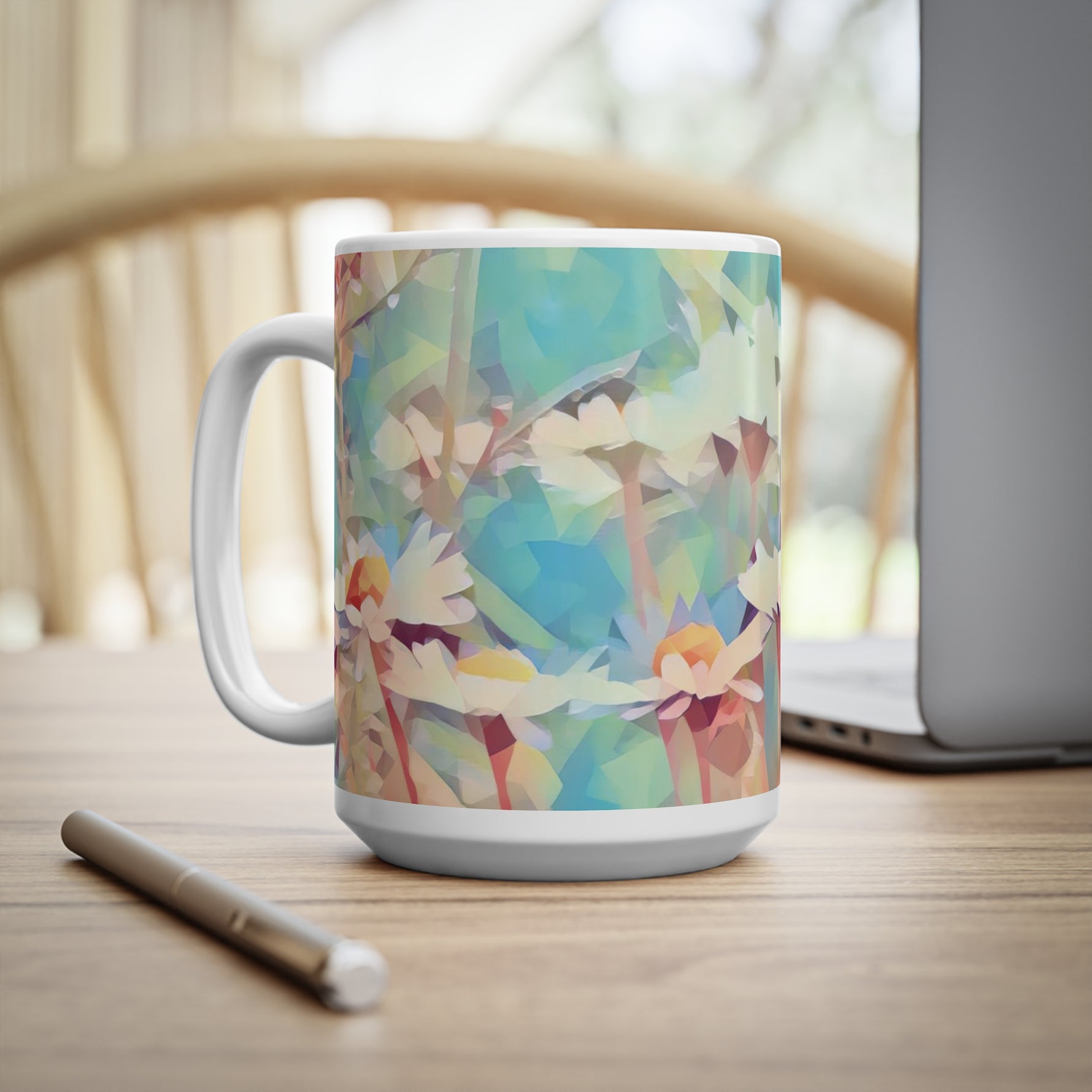 Ceramic White Cup 15oz - Poly Art - Flower of Daisies (Variant 3)
