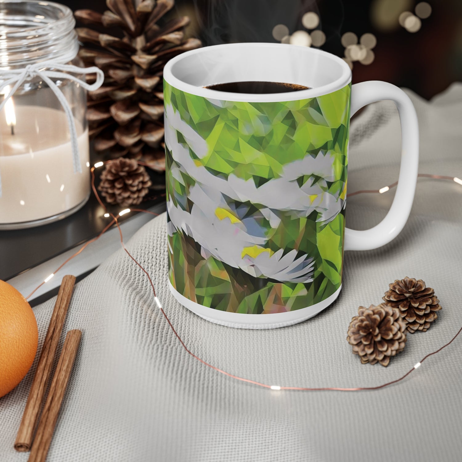 Ceramic White Cup 15oz - Poly Art - Flower of Daisies (Variant 1)
