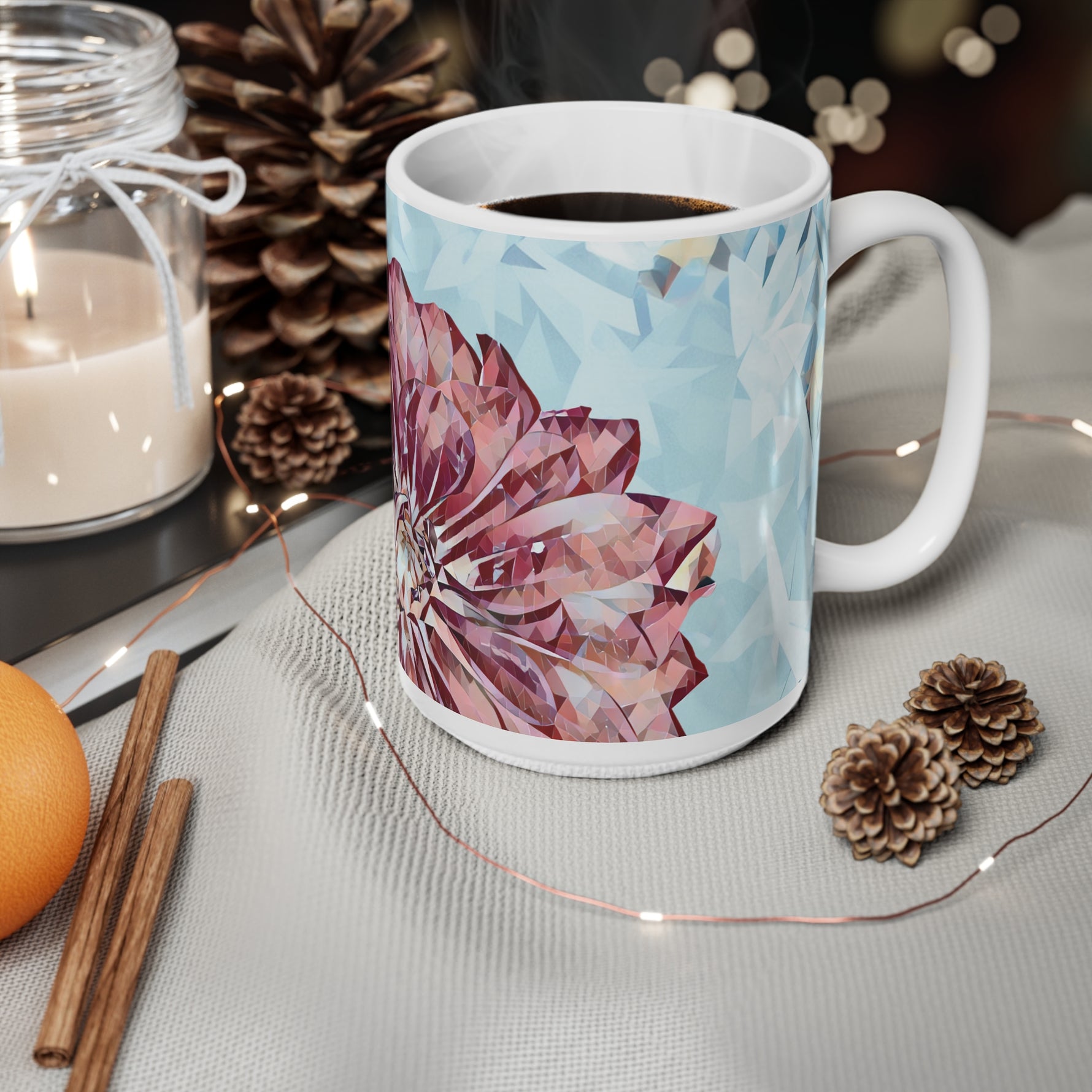 Ceramic White Cup 15oz - Poly Art - Flower of Dahlia (Variant 2)