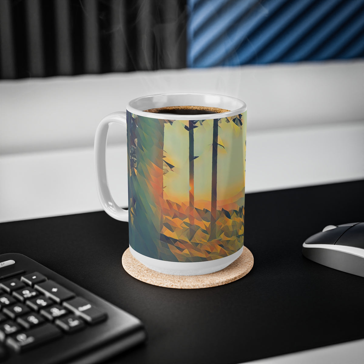 Ceramic White Cup 15oz - Poly Art - Forest Sunset (Variant 1)