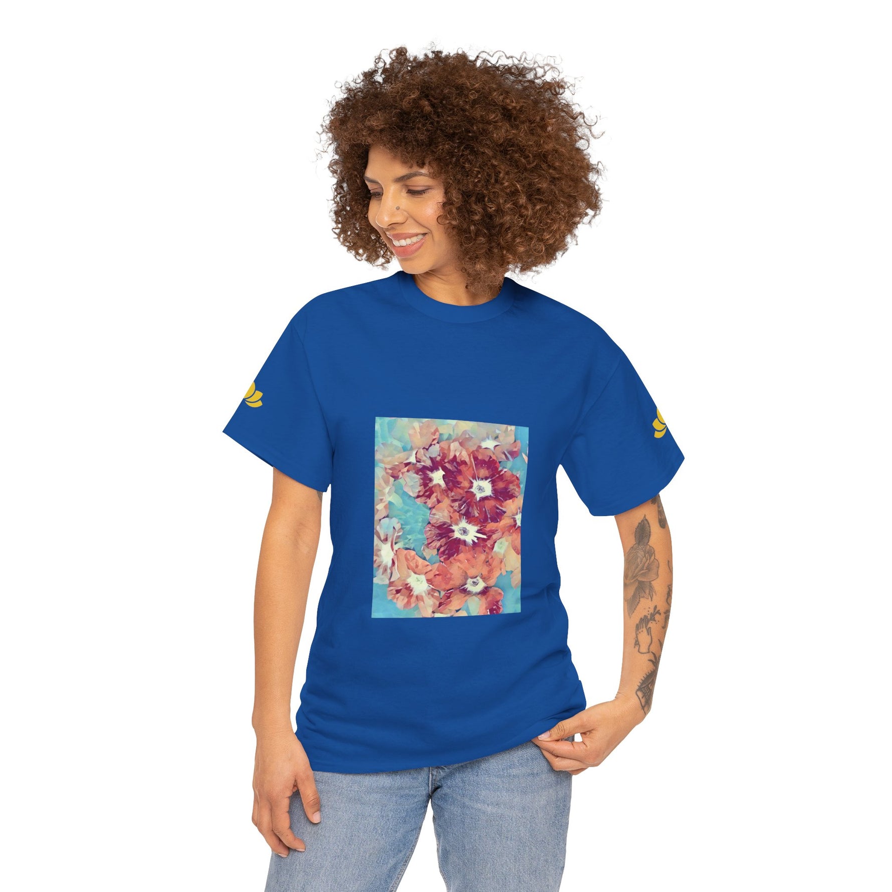 Unisex Heavy Cotton Tee - Poly Art - Flower of in sky blue and red