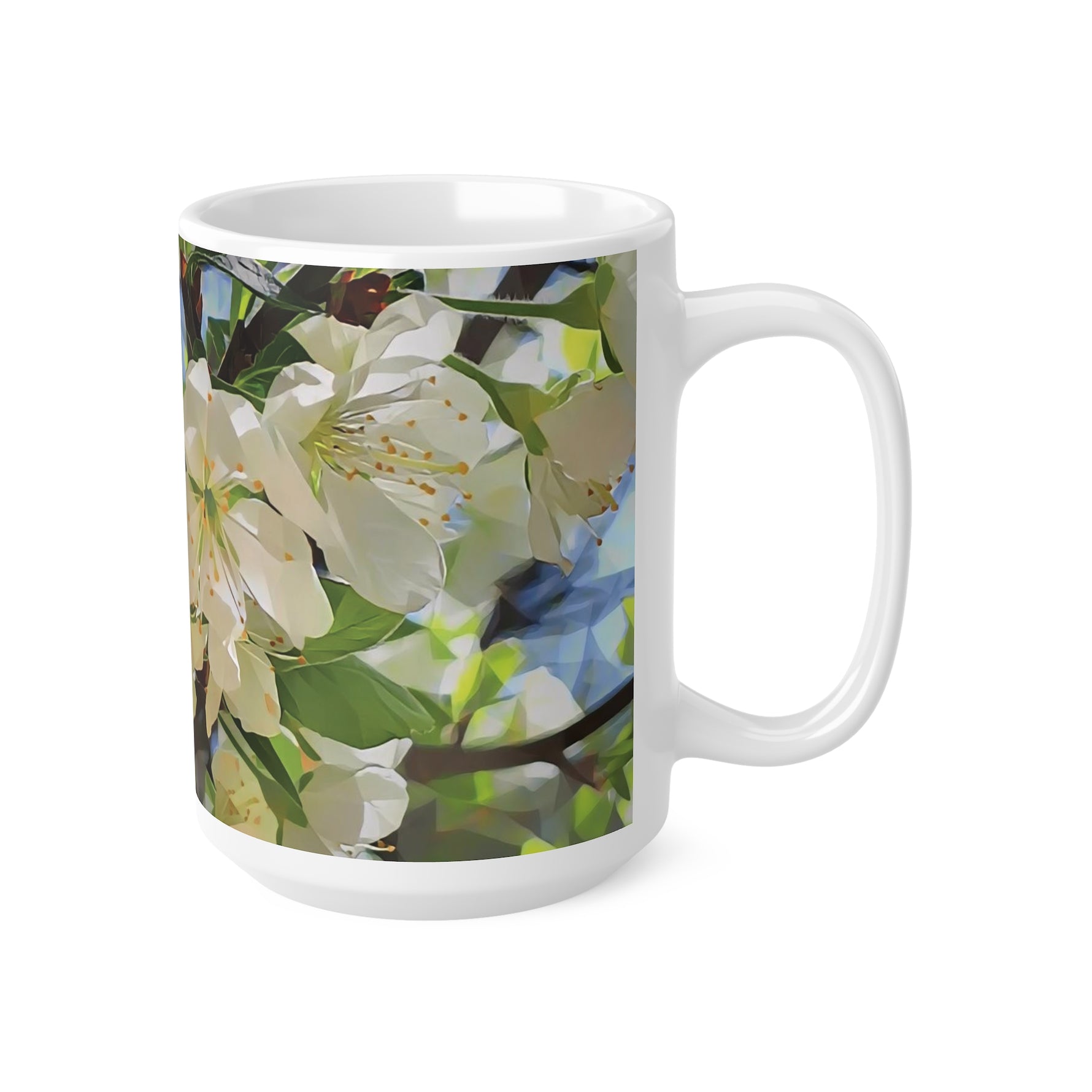 Ceramic White Cup 15oz - Poly Art - Apples' Tree Flower (Variant 1)