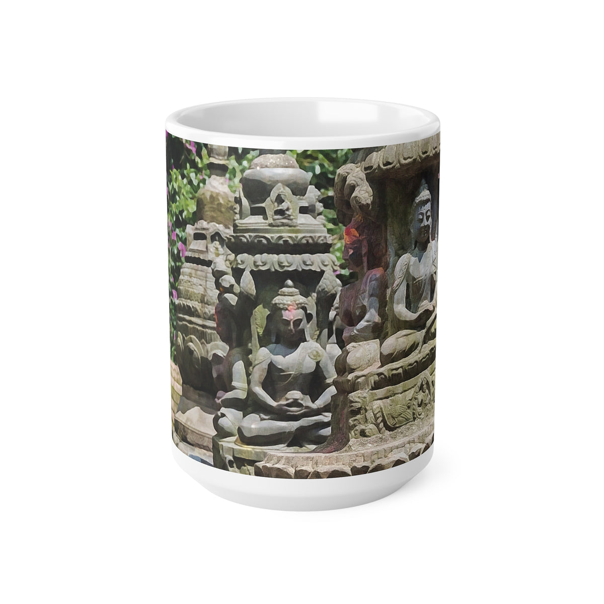 Ceramic White Cup 15oz - Nepal, Bodhisattvas Stone Sculptures