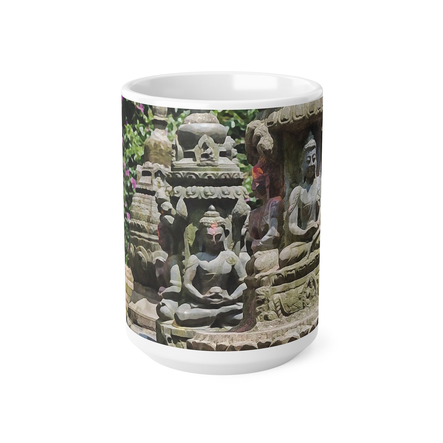 Ceramic White Cup 15oz - Nepal, Bodhisattvas Stone Sculptures