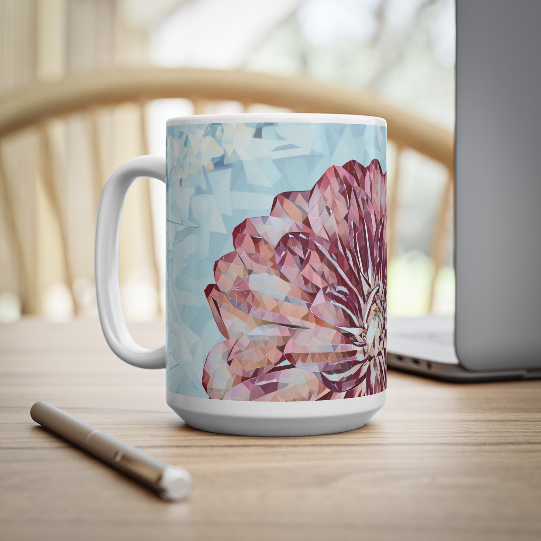 Ceramic White Cup 15oz - Poly Art - Flower of Dahlia (Variant 2)
