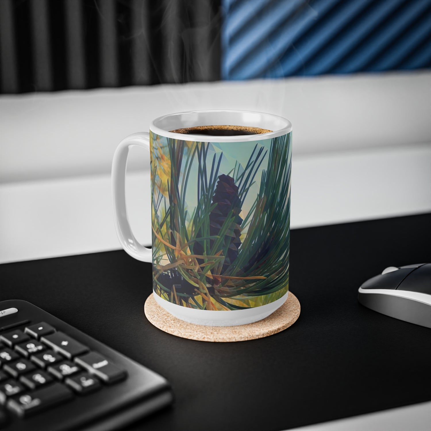 Ceramic White Cup 15oz - Poly Art - Fir Pinecone