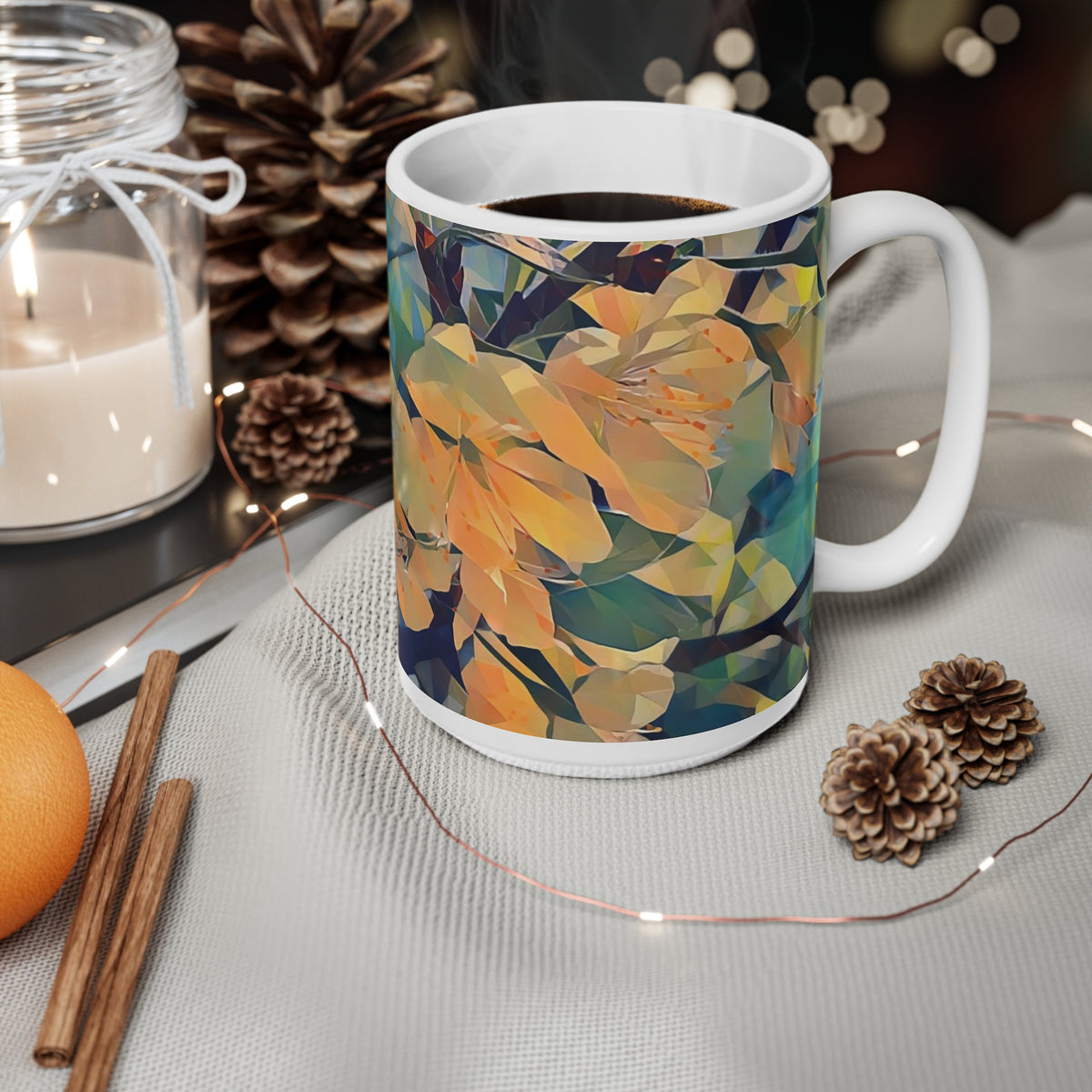Ceramic White Cup 15oz - Poly Art - Apples' Tree Flower (Variant 2)