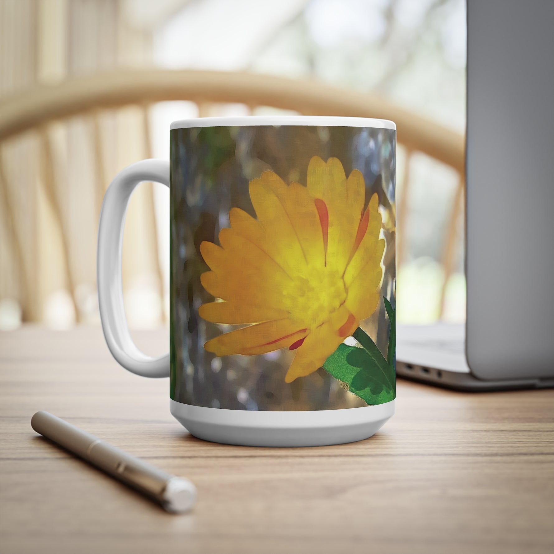 Ceramic White Cup 15oz - Flower of Calendula