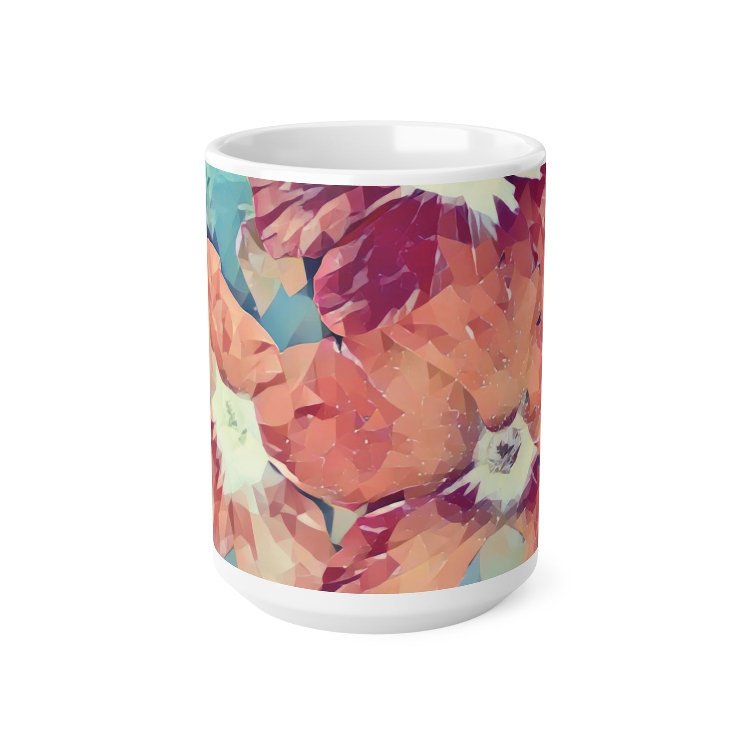 Ceramic White Cup 15oz - Poly Art - Flowers in sky blue and red (Variant 3)